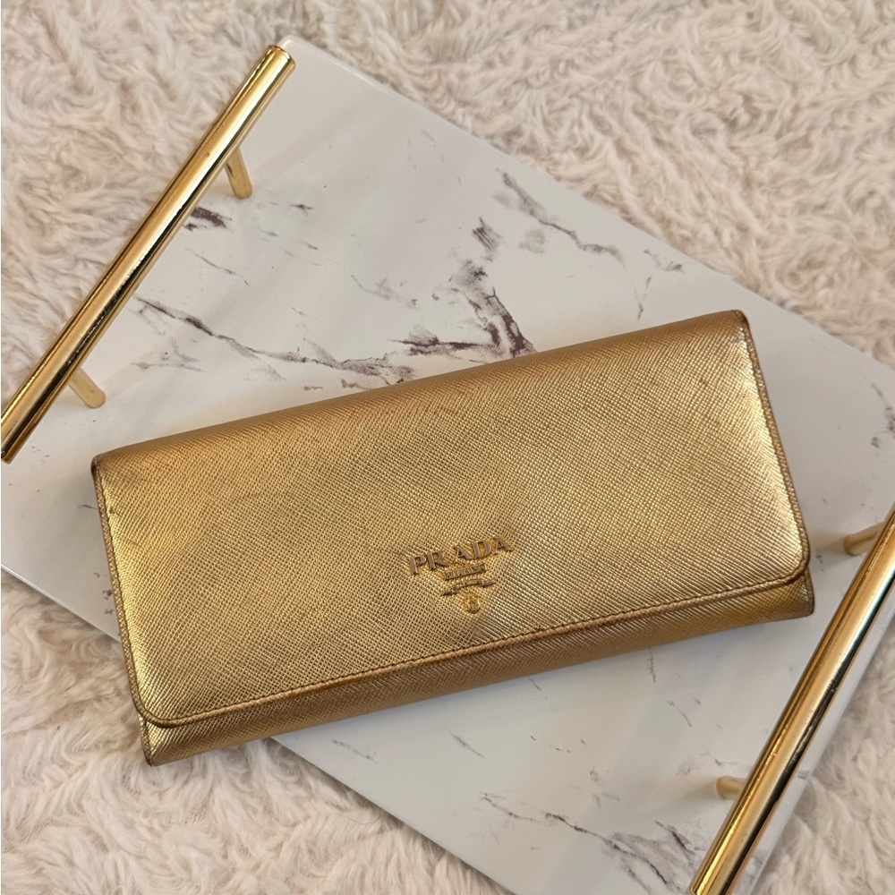 Authentic Vintage Gold Prada Saffiano Continental Flap Wallet
